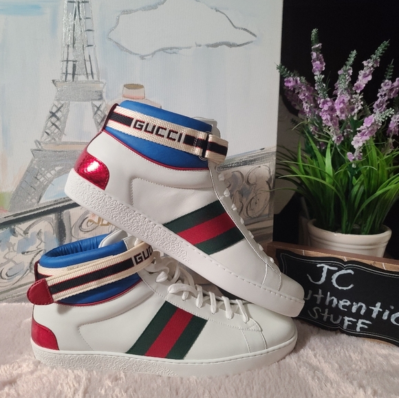 GUCCI Stripe Ace High Top miro soft leather Mens shoes white/multicolor size 10 - Picture 7 of 15